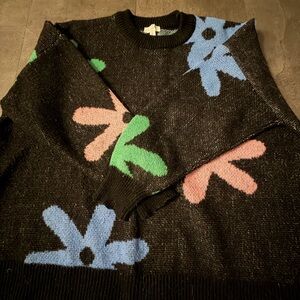 Mud Pie Black Sweater with Colorful Floral Accents